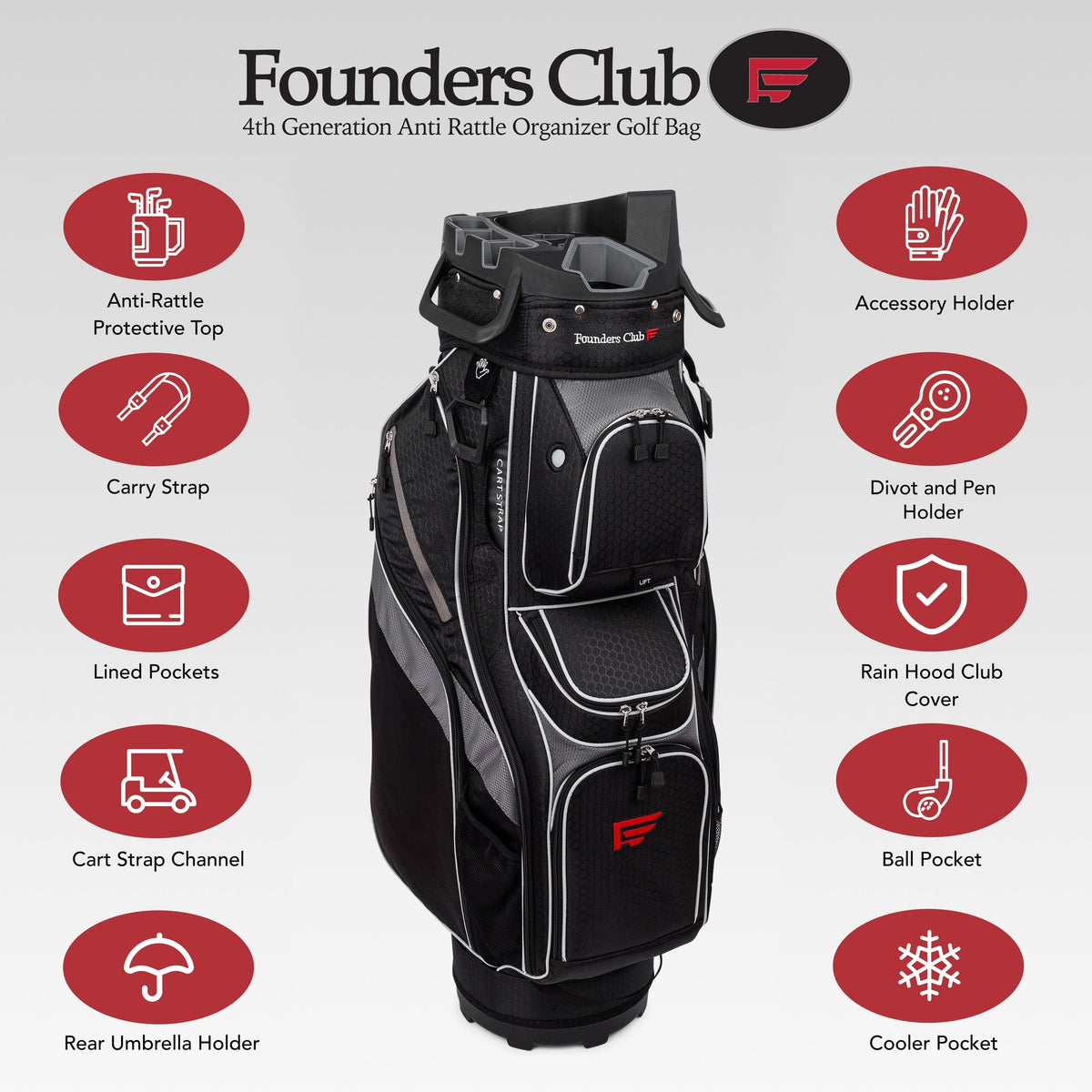 Founders Club 4th Generation Club Lock Organizer Golf Cart Bag for Men with 14 Way Anti Rattle Divider Top- Free Snap On Rain Hood-Full Length Dividers