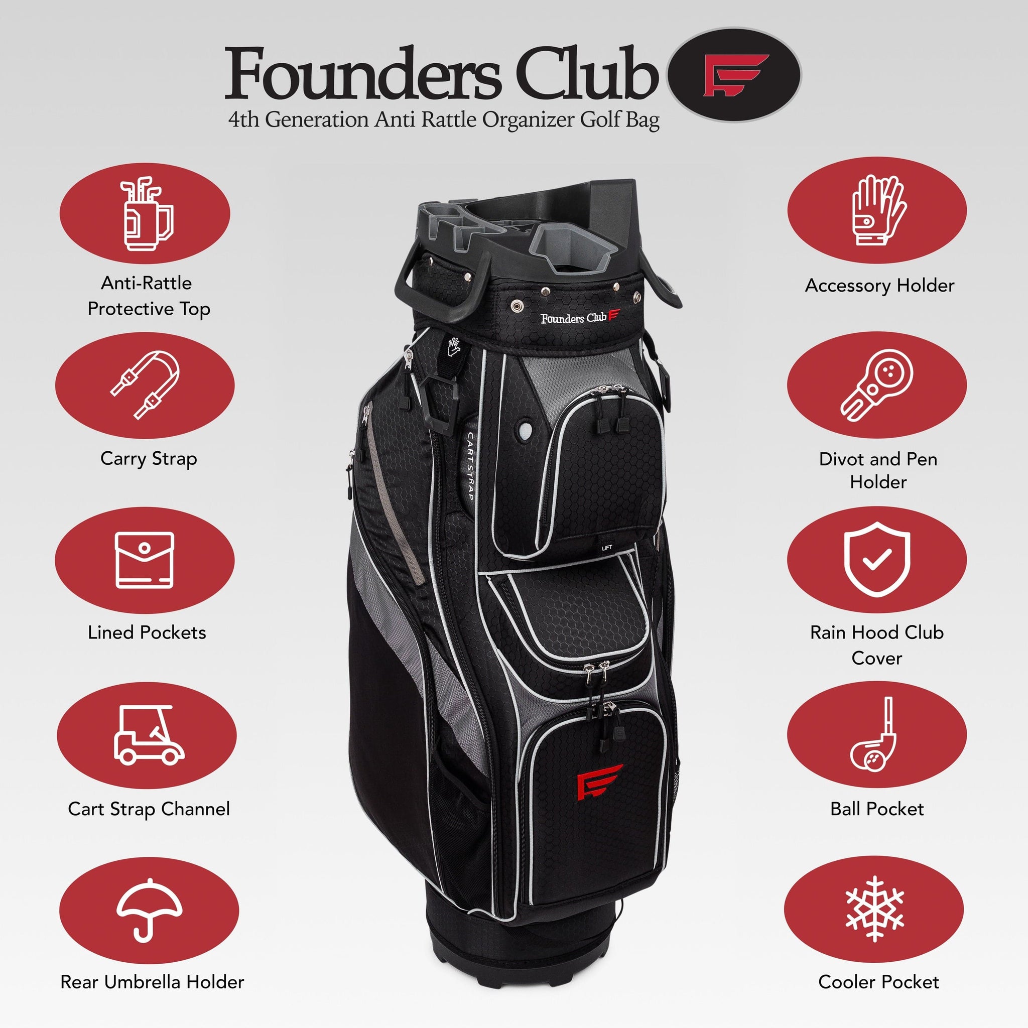 Founders Club 4th Generation Player Series Club Lock Organizer Golf Cart Bag for Men with 14 Way Anti Rattle Divider Top- Free Snap On Rain Hood-Full