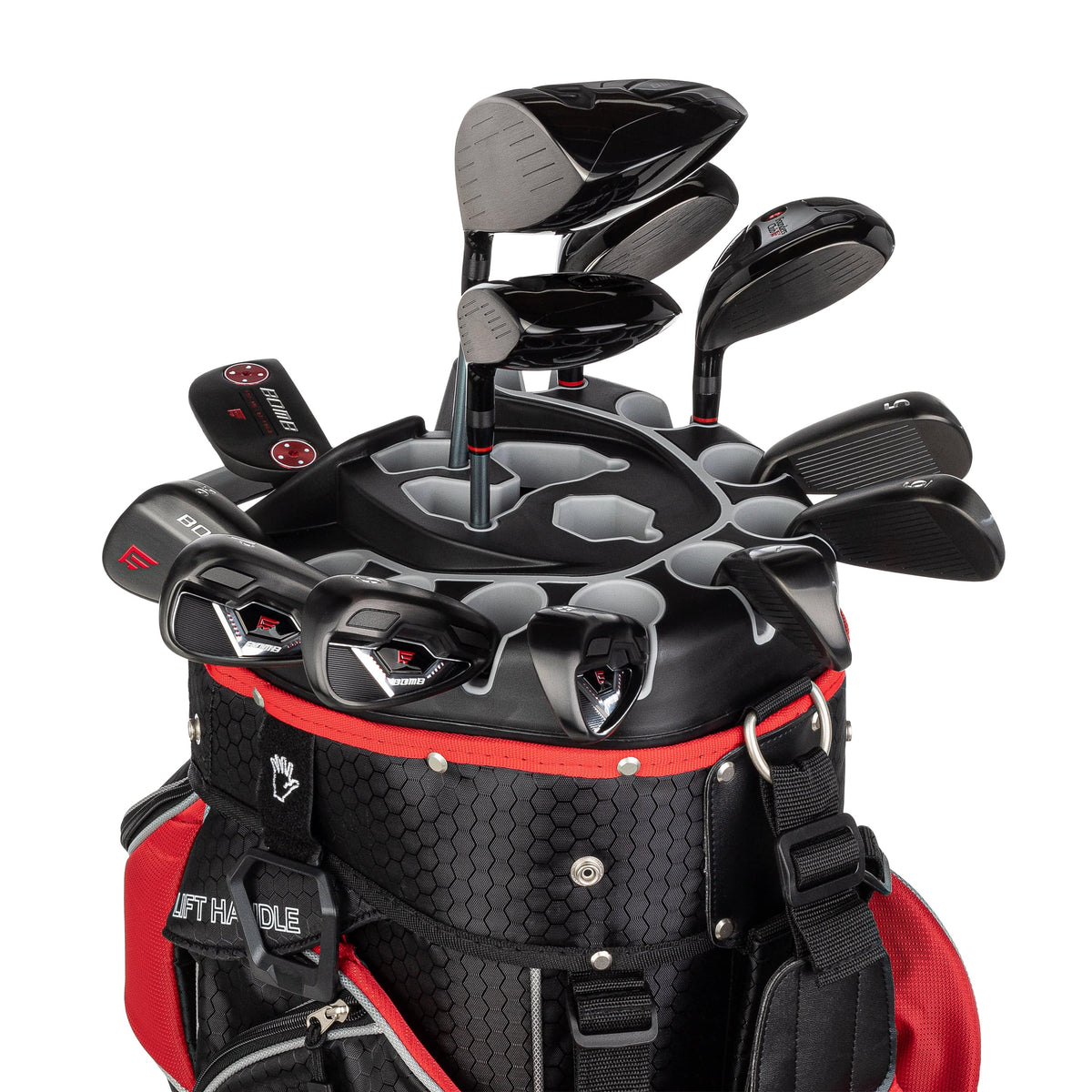 Founders Club Bomb Men&#39;s Golf Club Set with 14 Way Organizer Golf Red Bag Right Hand